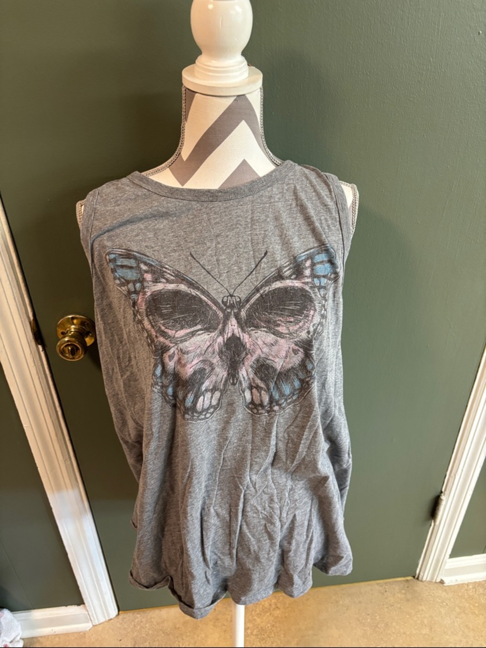 torrid Gray Butterfly Skull Sleeveless Tank with Blue & Pink Accents
